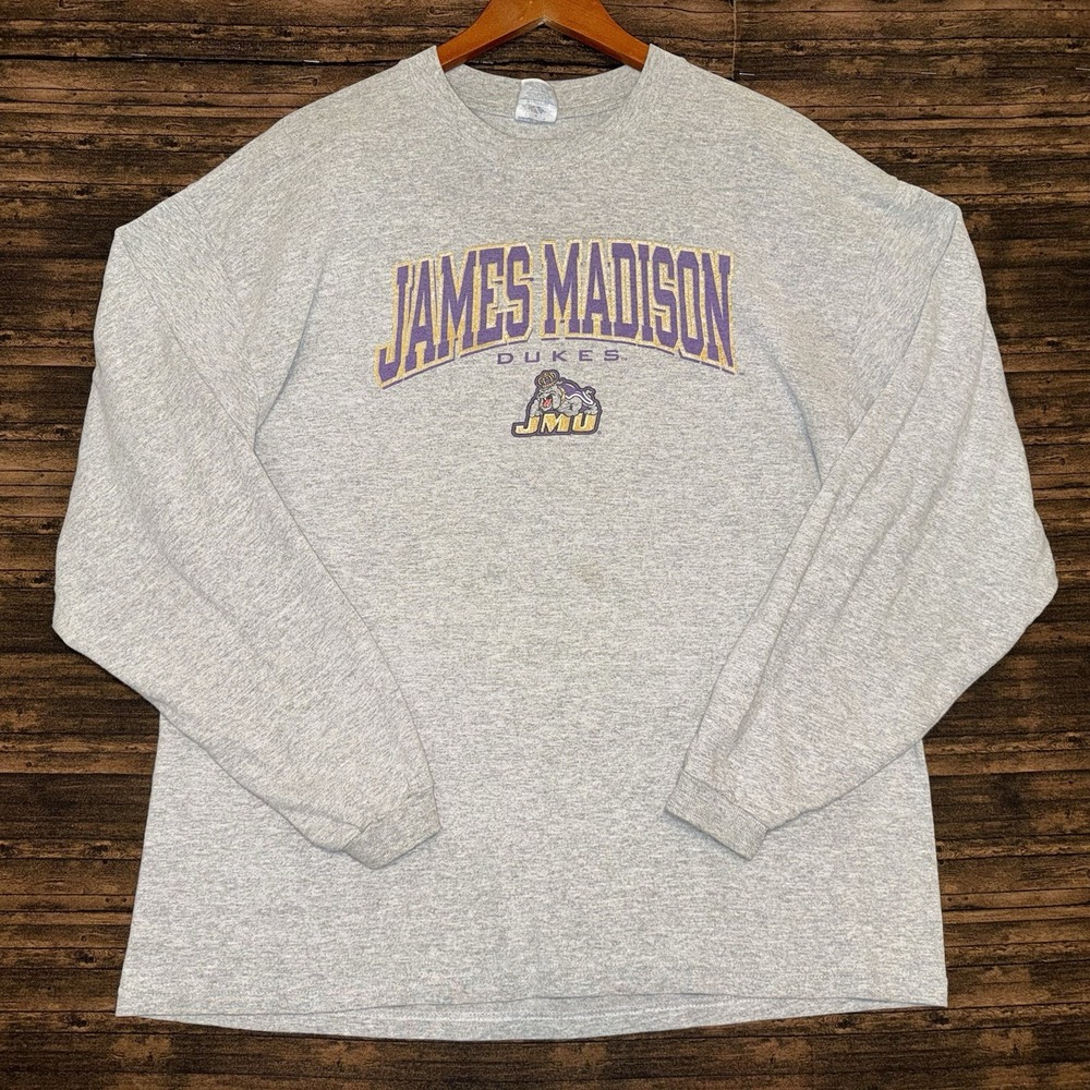 James Madison University Long Sleeve JERZEES T Shirt Men's Large Gray Purple